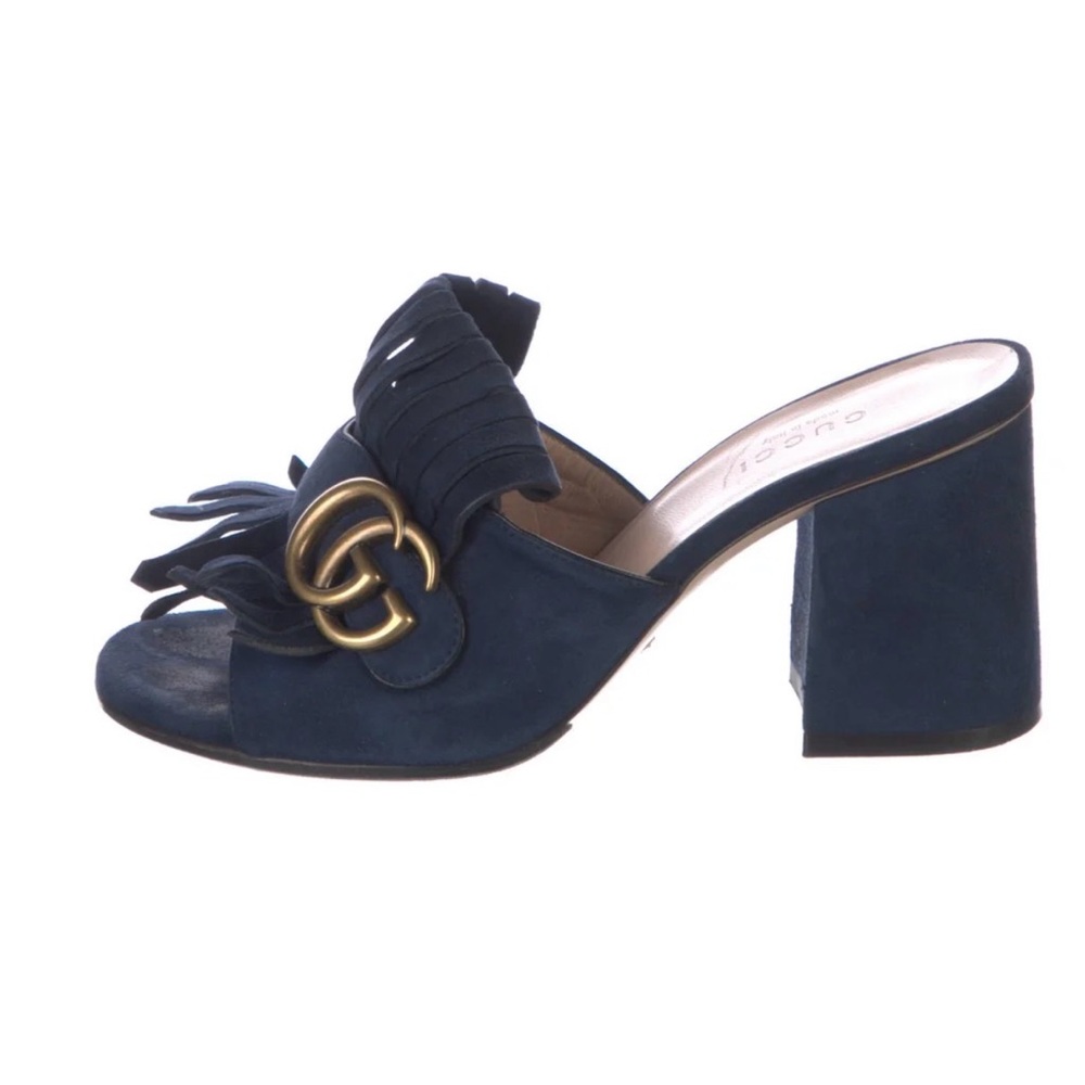 Gucci Double G  Navy Fringe Block Heel Shoes